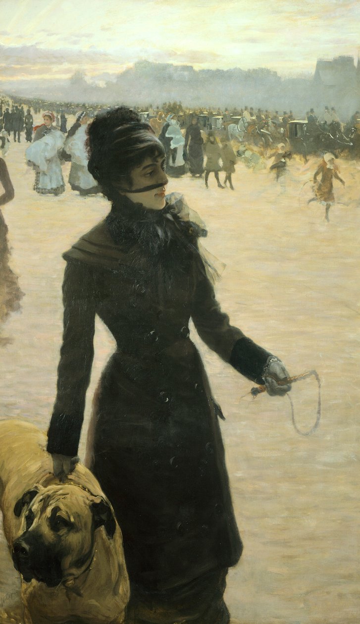 Tilbake fra Bois de Boulogne, Lady with a Dog av Giuseppe or Joseph de Nittis