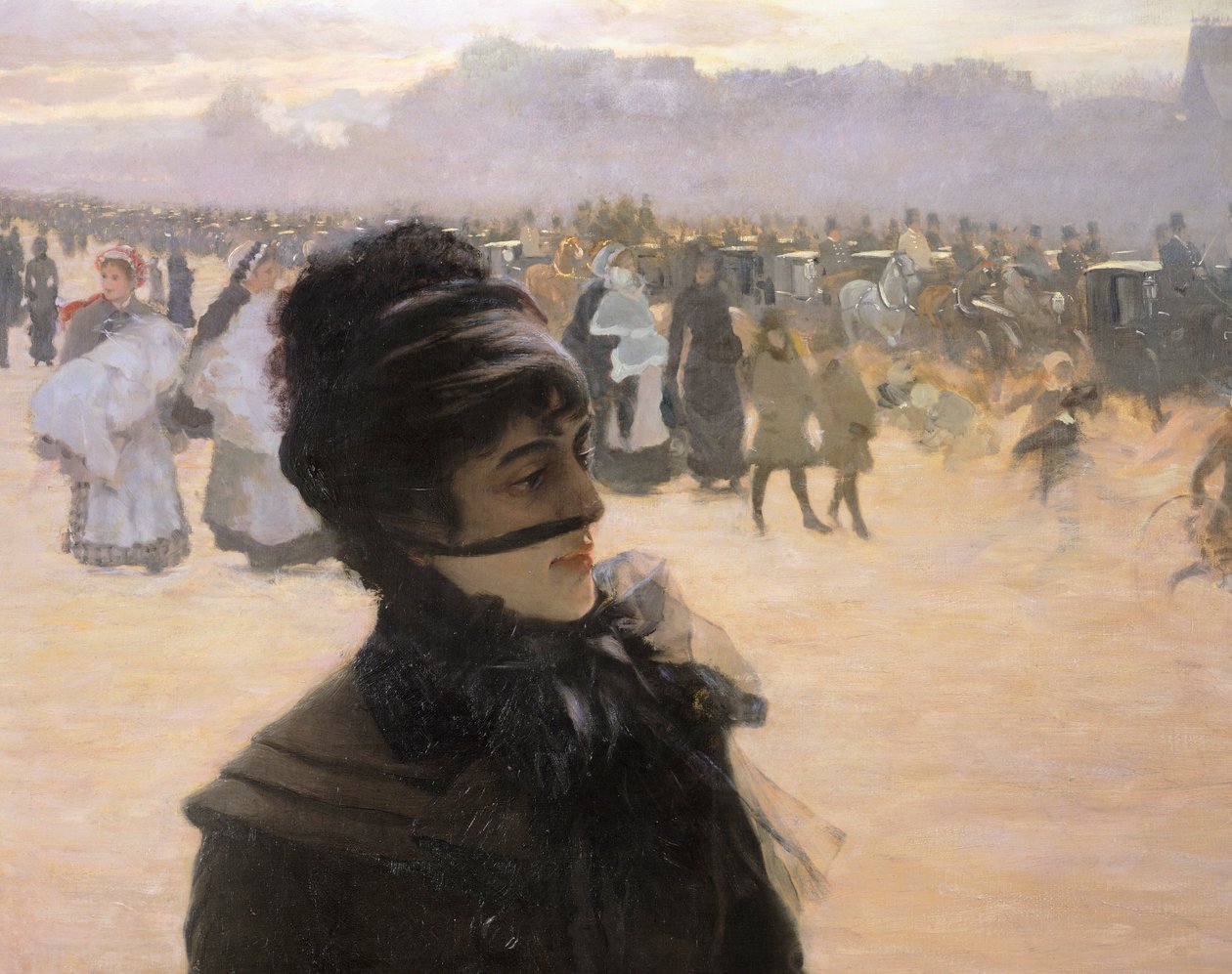 Tilbake fra Bois de Boulogne, Lady with a Dog, av Giuseppe de Nittis, detalj av Giuseppe or Joseph de Nittis
