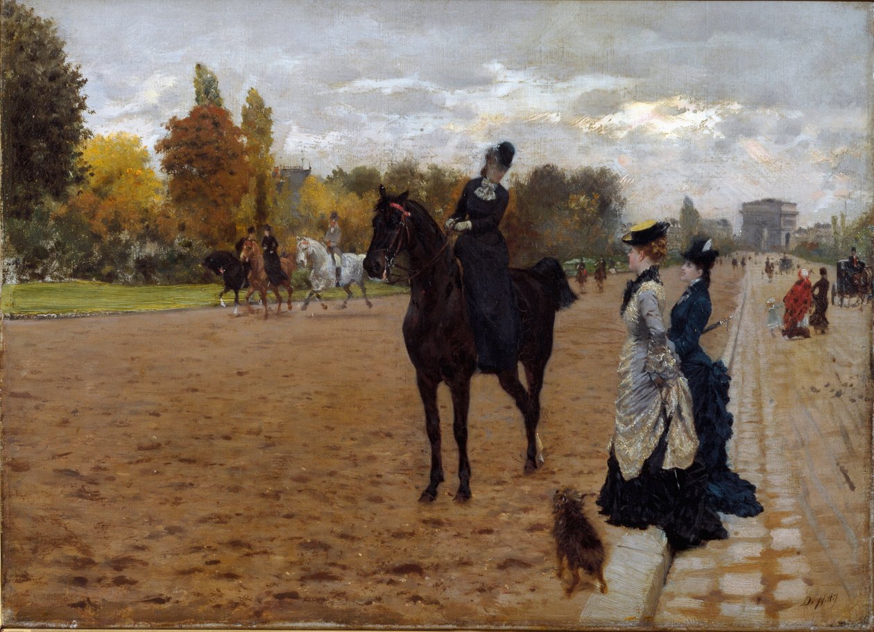 Amazonas Cavaliere snakker med turgåere Avenue Foch i Paris. Maleri av Giuseppe De Nittis (1846-1884), ca. 1875. Olje på lerret. Mål: 42x31 cm. Gener, Galleria d'Arte Moderna av Giuseppe or Joseph de Nittis