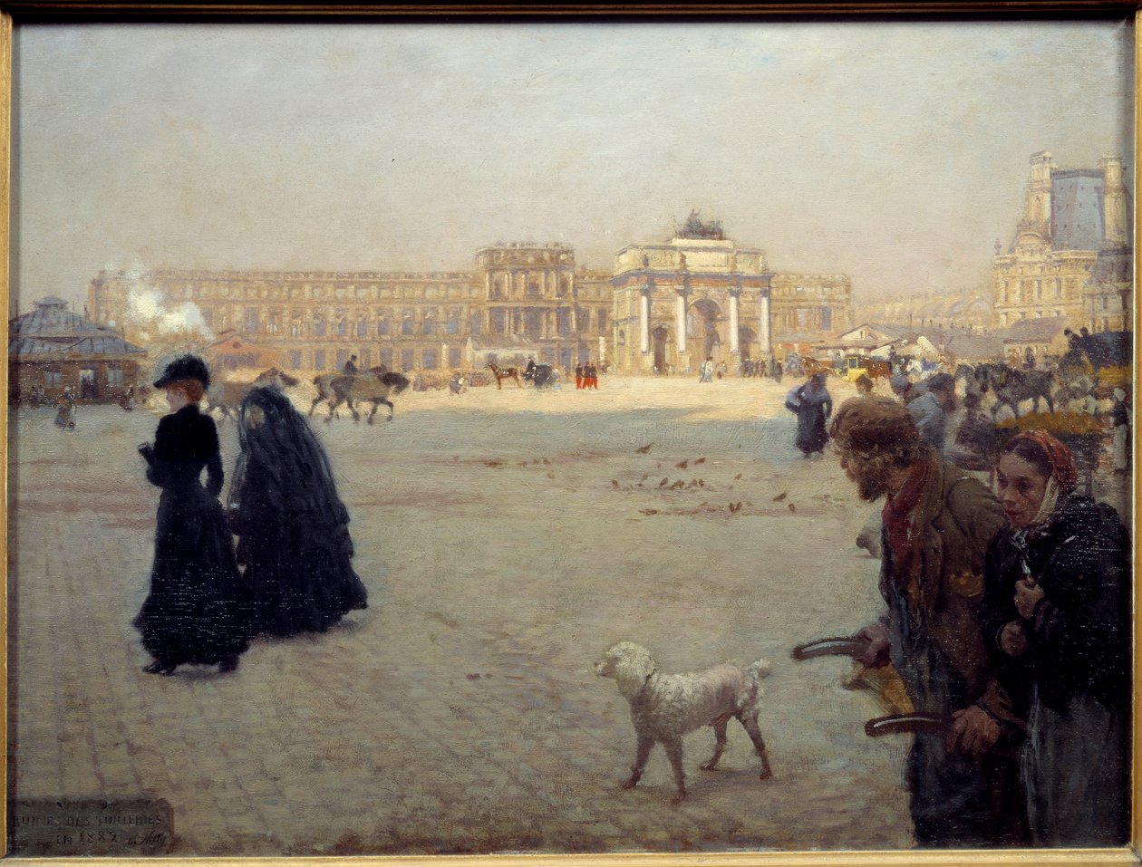 Place du Carrousel-ruinene av Tuileriene i 1882. Bord som representerer en utsikt over Paris. Maleri av Guiseppe Nittis (1846 - 1884) av Giuseppe or Joseph de Nittis