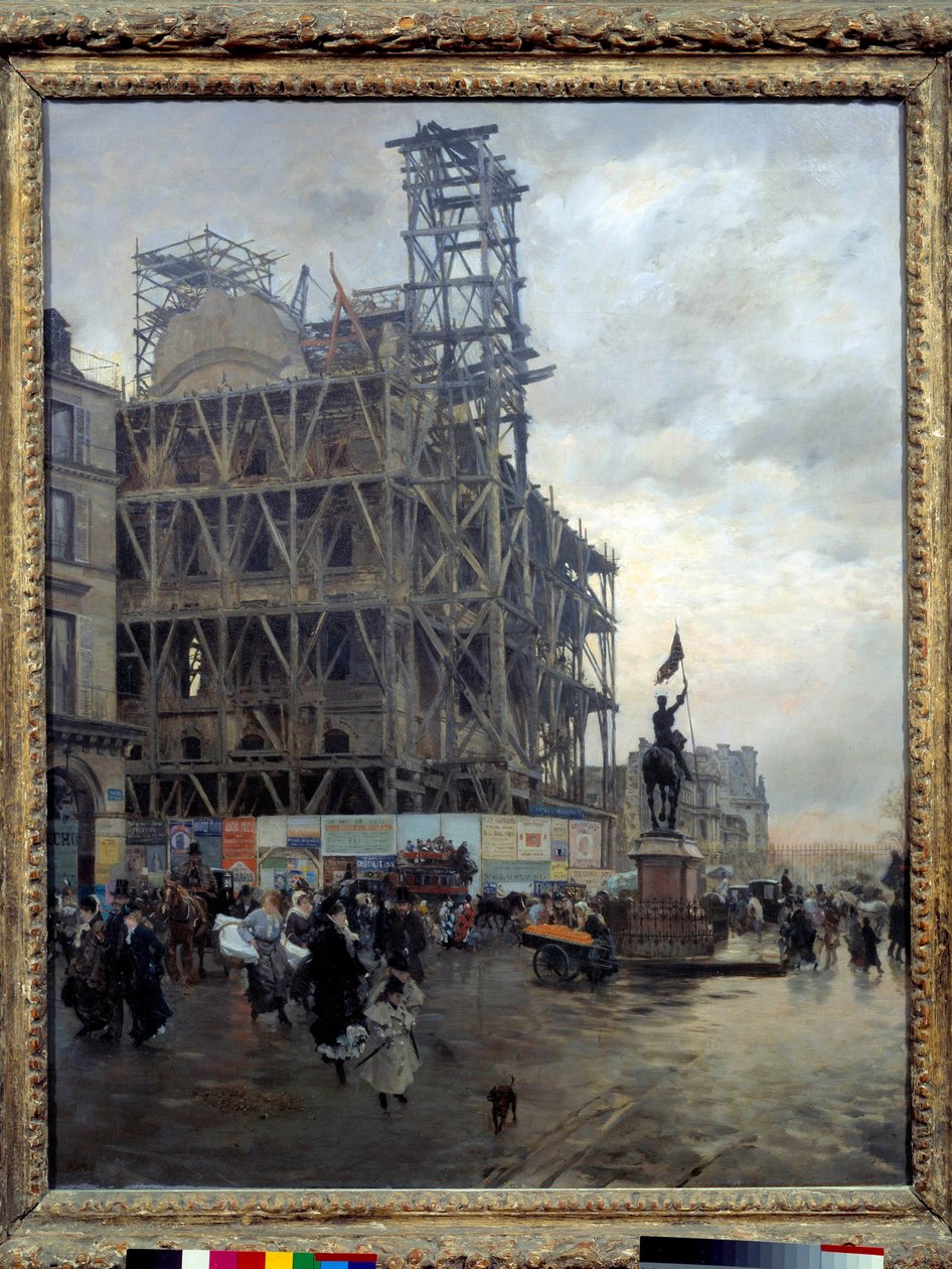 Utsikt over Place des Pyramides i Paris i 1875 krysser parisere torget nær en byggeplass. Maleri av Giuseppe de Nittis (1846-1894) 1875 Søn. 0,92x0,74 m. Paris, Musee d