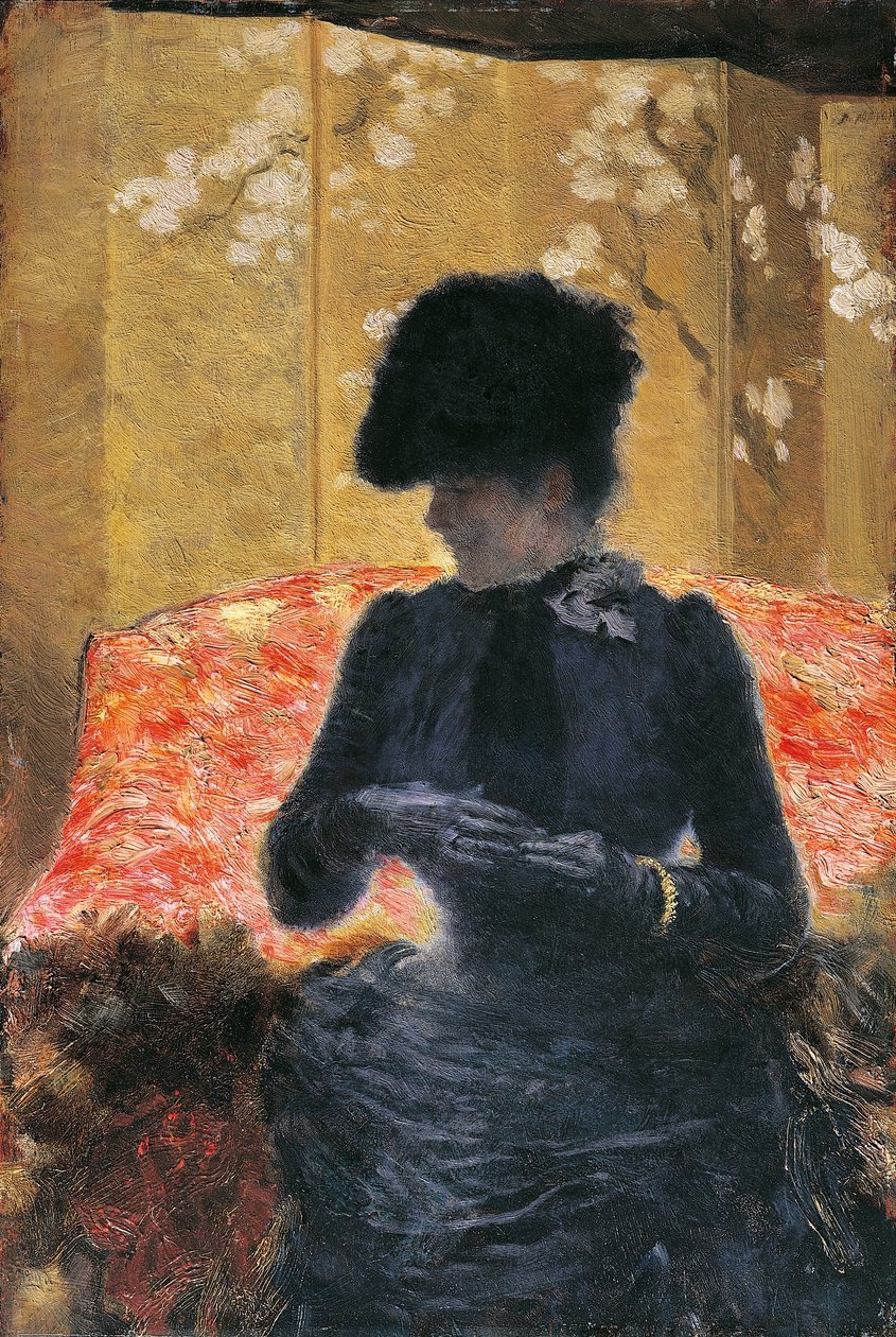 Kvinne på rød sofa av Giuseppe or Joseph de Nittis