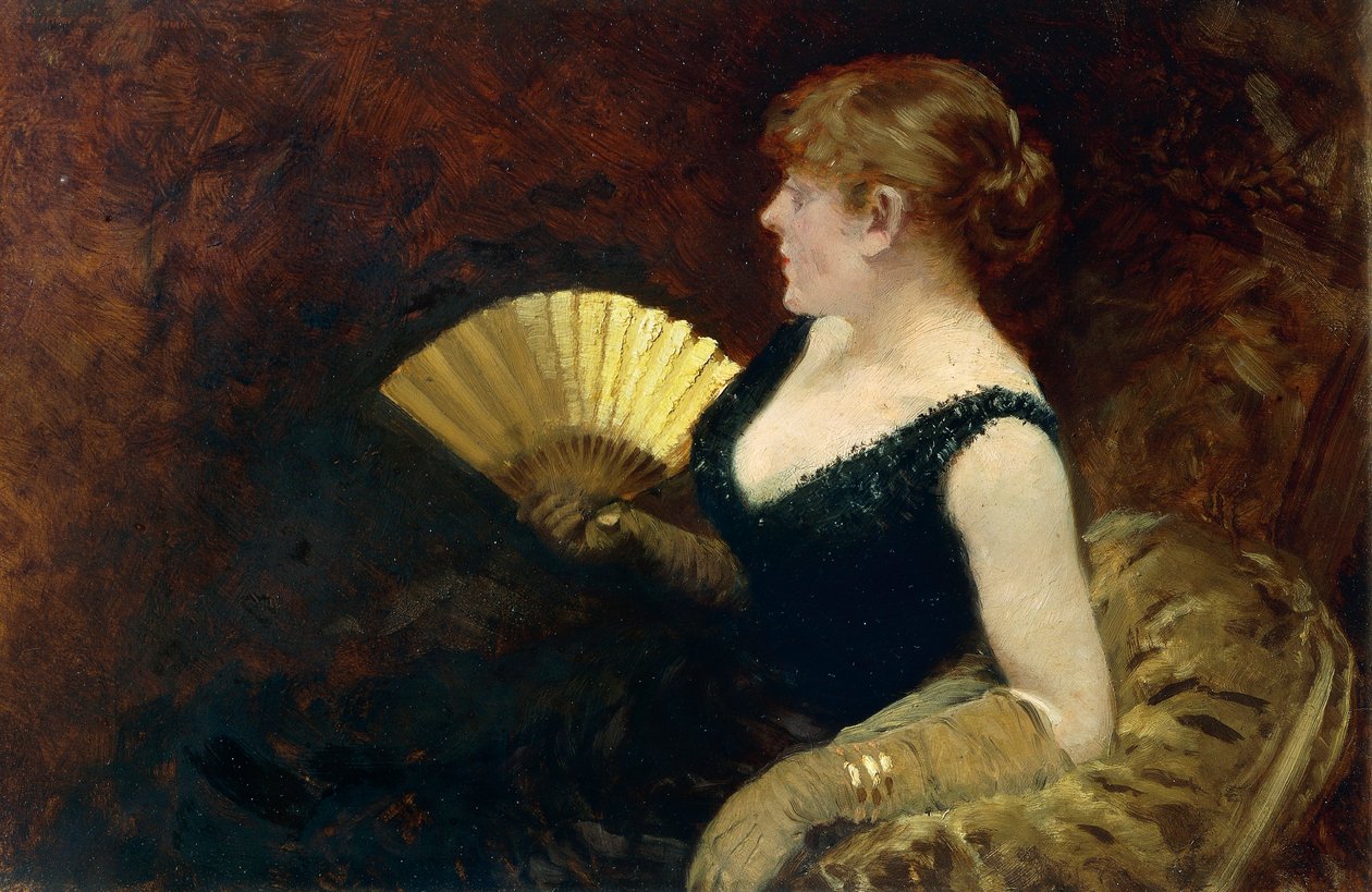 Kvinne med vifte (olje på lerret) av Giuseppe or Joseph de Nittis