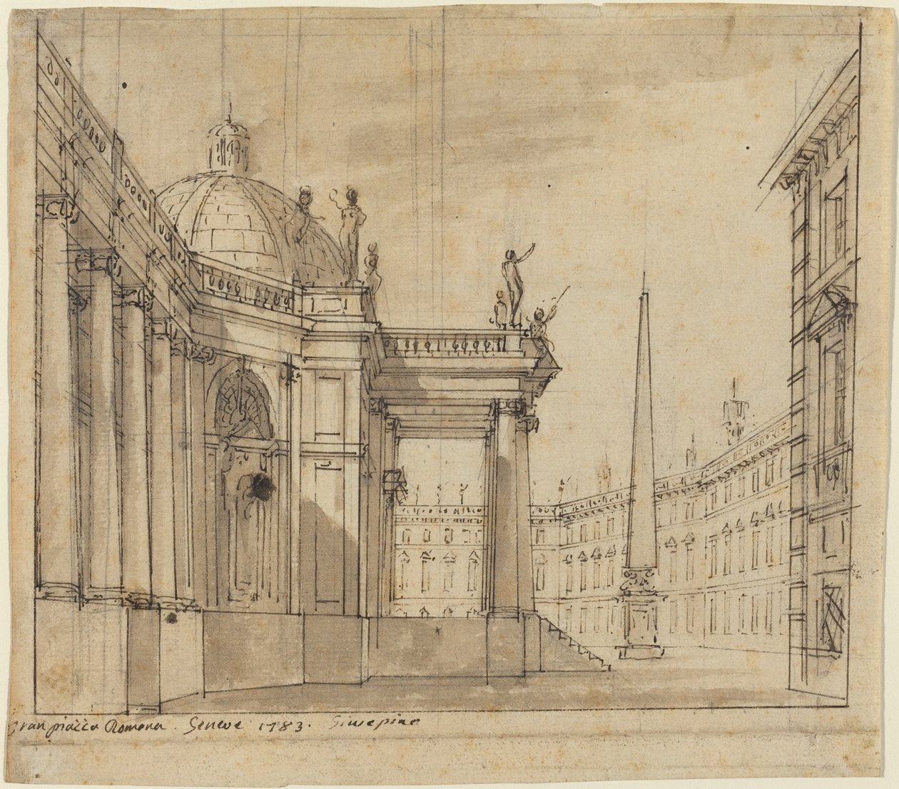 Stage Design: A Piazza with a Domed Church and an Obelisk   1228013   no       norwegian Successfully Translated  Original: March of the King and Knights of the Holy Spirit in the Courtyard at Fontainebleau Translat: March of the King and Knights of the Ho av Giuseppino Galliari
