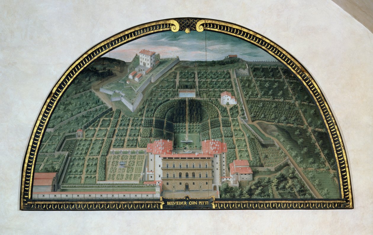 Fort Belvedere og Pitti-palasset fra en serie lunetter som viser utsikt over Medici-villaene, 1599 (tempera på panel) av Giusto Utens
