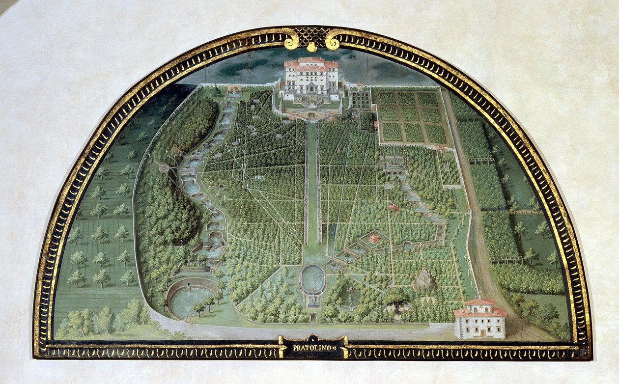 Villa Pratolino (Demidoff) fra en serie lunetter som viser utsikt over Medici-villaene, 1599 (tempera på panel) av Giusto Utens