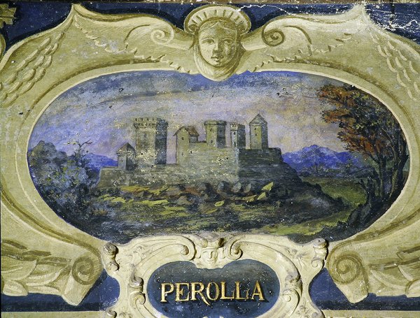 Perolla, fra en serie kartusjer som viser bilder av boligene som eies av Conte Pannochieschi d