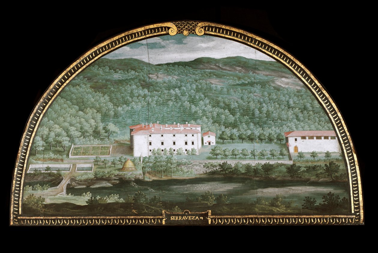 Utsikt over Villa di Seravezza nær Massa Carrara, Italia (Tempera av Giusto Utens