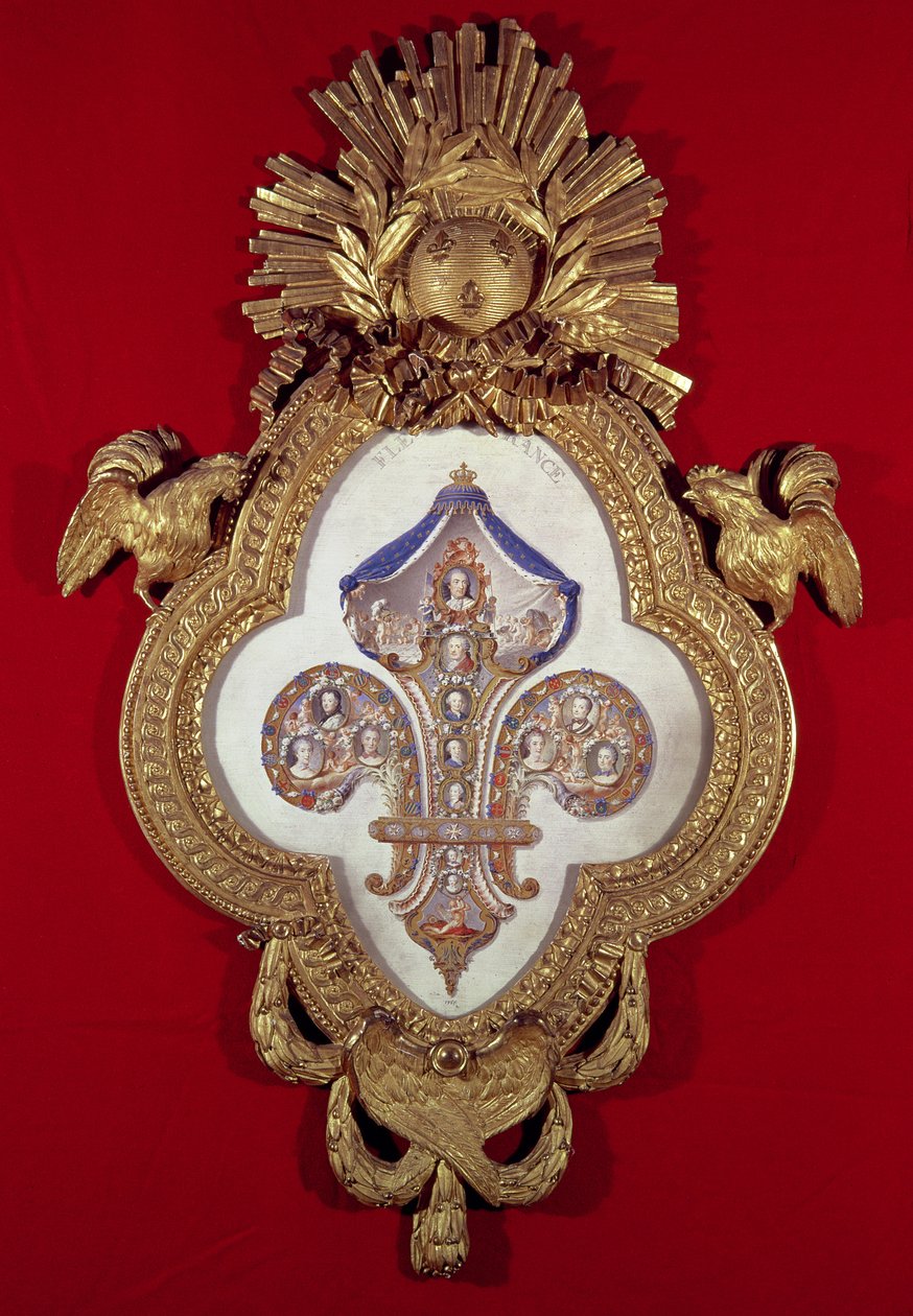 Fleur de France, slektstre med tretten portretter av Louis XV (1710-74) og hans etterkommere i en fleur-de-lys formet ramme, 1765 (gull og emalje) av Glokeur de Surchamps