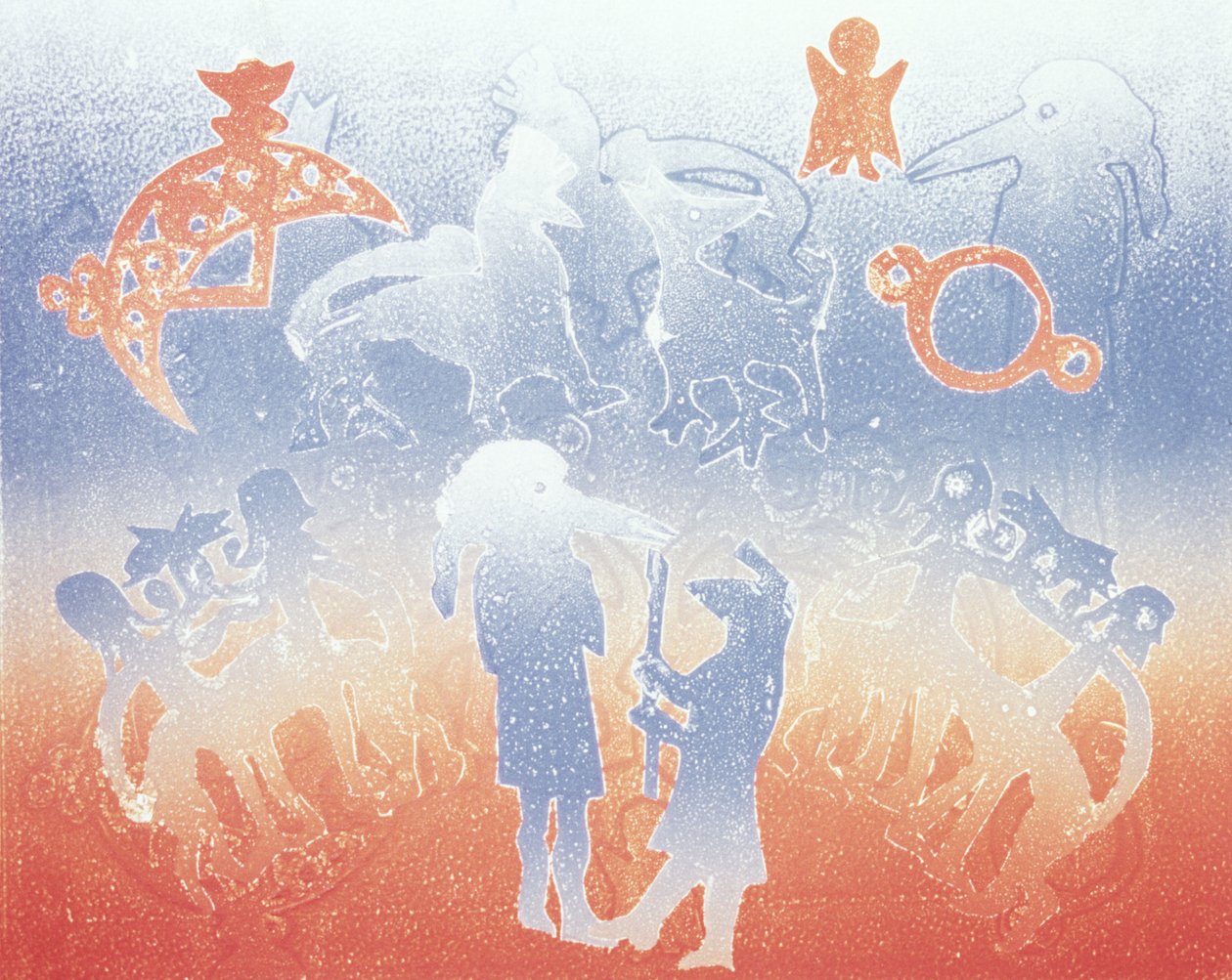 Papil birdman går på vandring, 1995 (monotype) av Gloria Wallington