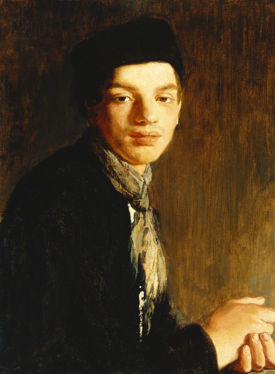 En ungdom, halvlang, iført en svart hatt og et halsskjerf, ca. 1911 (olje på lerret) av Glyn Warren Philpot