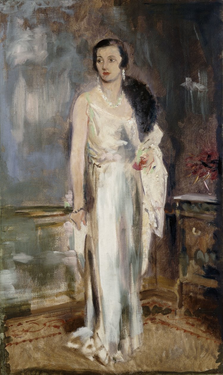 Portrett av Loelia, hertuginne av Westminster, senere Lady Lindsay, liten full lengde, i aftenkjole av Glyn Warren Philpot