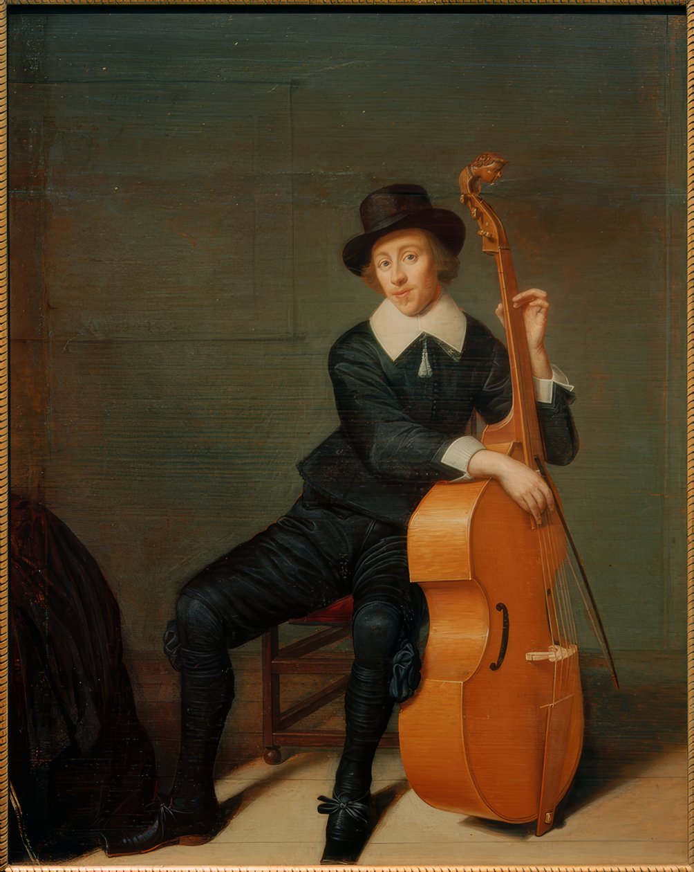 Portrett av en sittende musiker med sin viola da gamba av Godaert Kamper