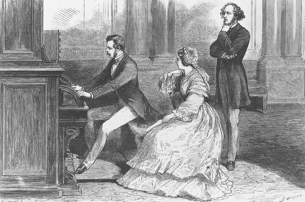 Prins Albert av Sachsen spiller foran dronning Victoria og Felix Mendelssohn Bartholdy (1809-1847), gravering av Godefroy Durand