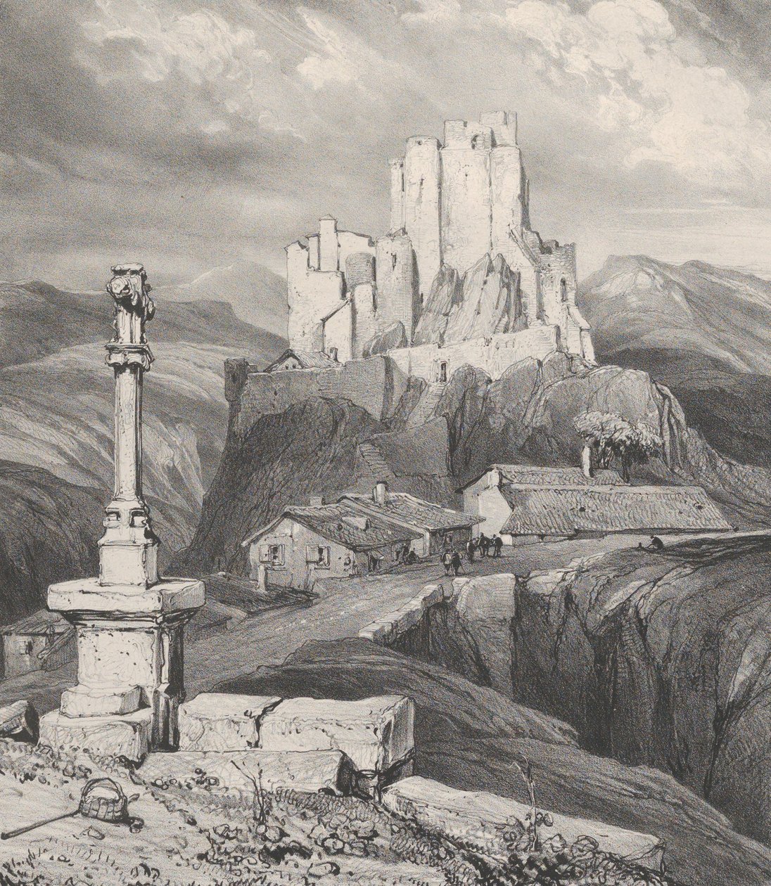 Ruinene av Château de Bouzols, nær Le Puy en Velay, 1831. av Godefroy Engelmann