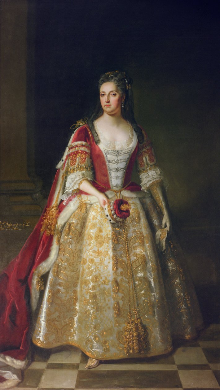 Portrett av Angelina Magdalena (ca. 1666-1736), andre kone til 1. Viscount St. John i kroningsklær, 1727 av Godfrey Kneller