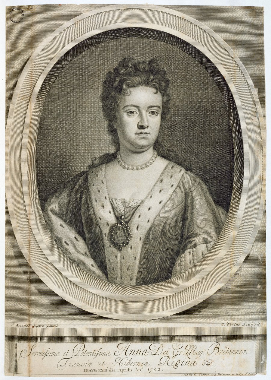Dronning Anne (1665-1714), gravert av George Vertue (1684-1756), 1702 av Godfrey Kneller