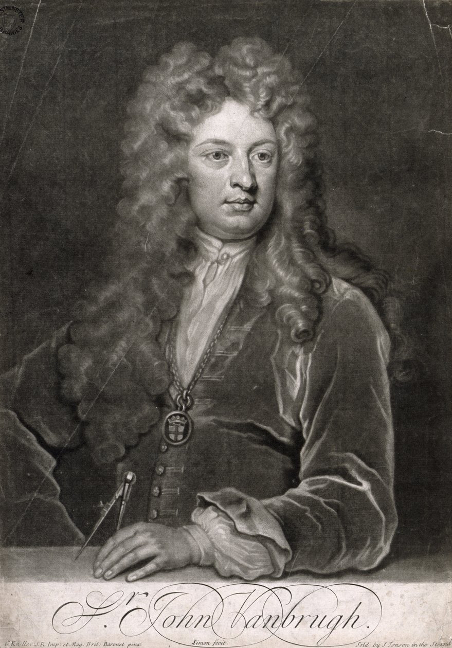 Sir John Vanbrugh (1664-1726), gravert av John Simon (ca. 1675-1751) av Godfrey Kneller