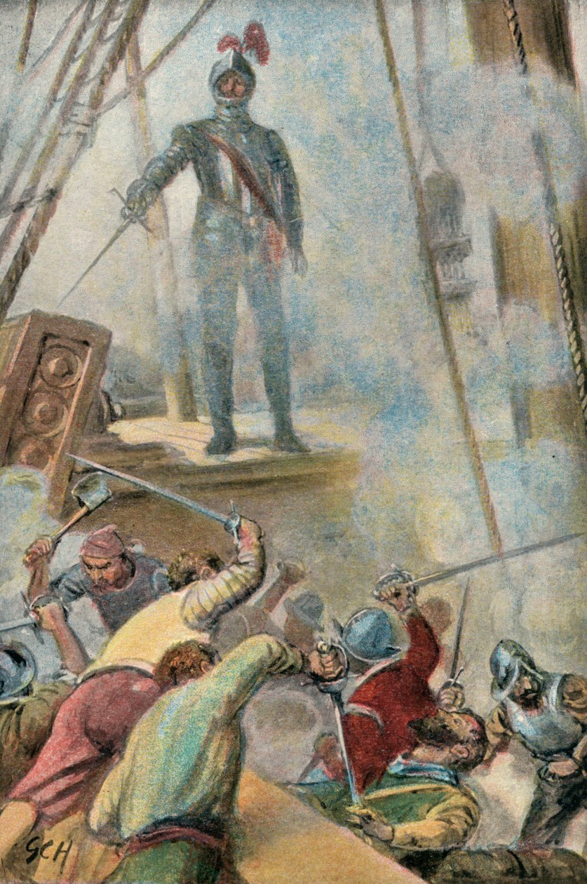 Illustrasjon til Westward Ho! av Charles Kingsley (fargelitografi) av Godfrey C. Hindley