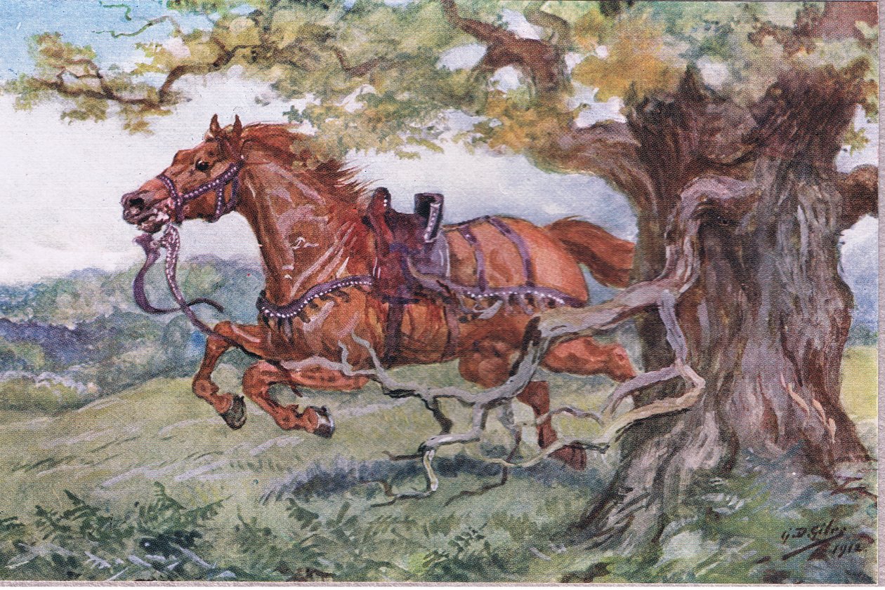 Unshriven: Tom sal på ryggen, fra Poems of Adam Lindsay Gordon utgitt av T. N. Foulis, 1912 av Godfrey Douglas Giles