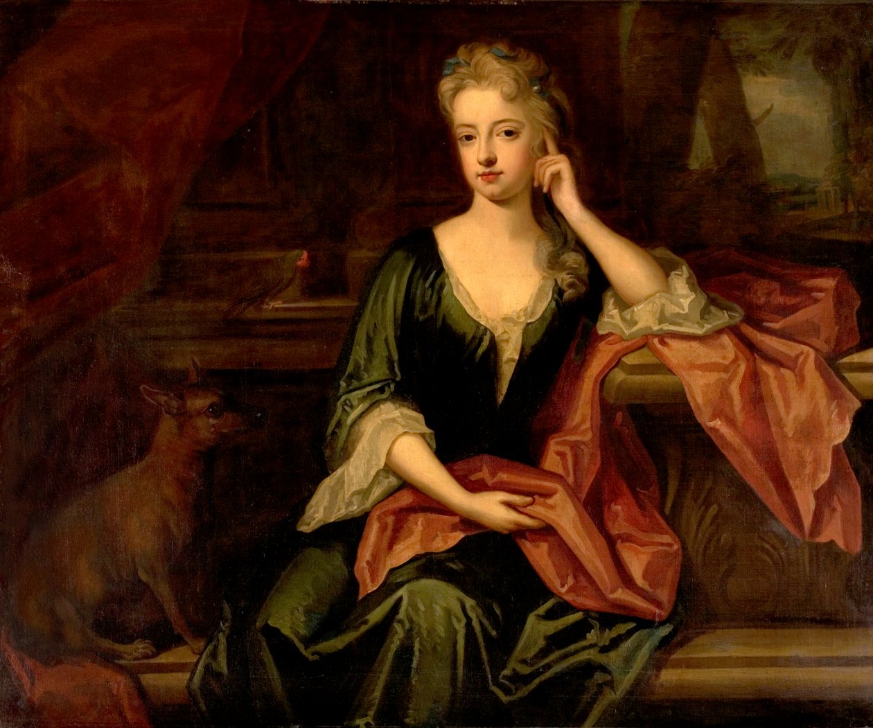 Dame med en hund og en papegøye, 1600-tallet av Godfrey Kneller