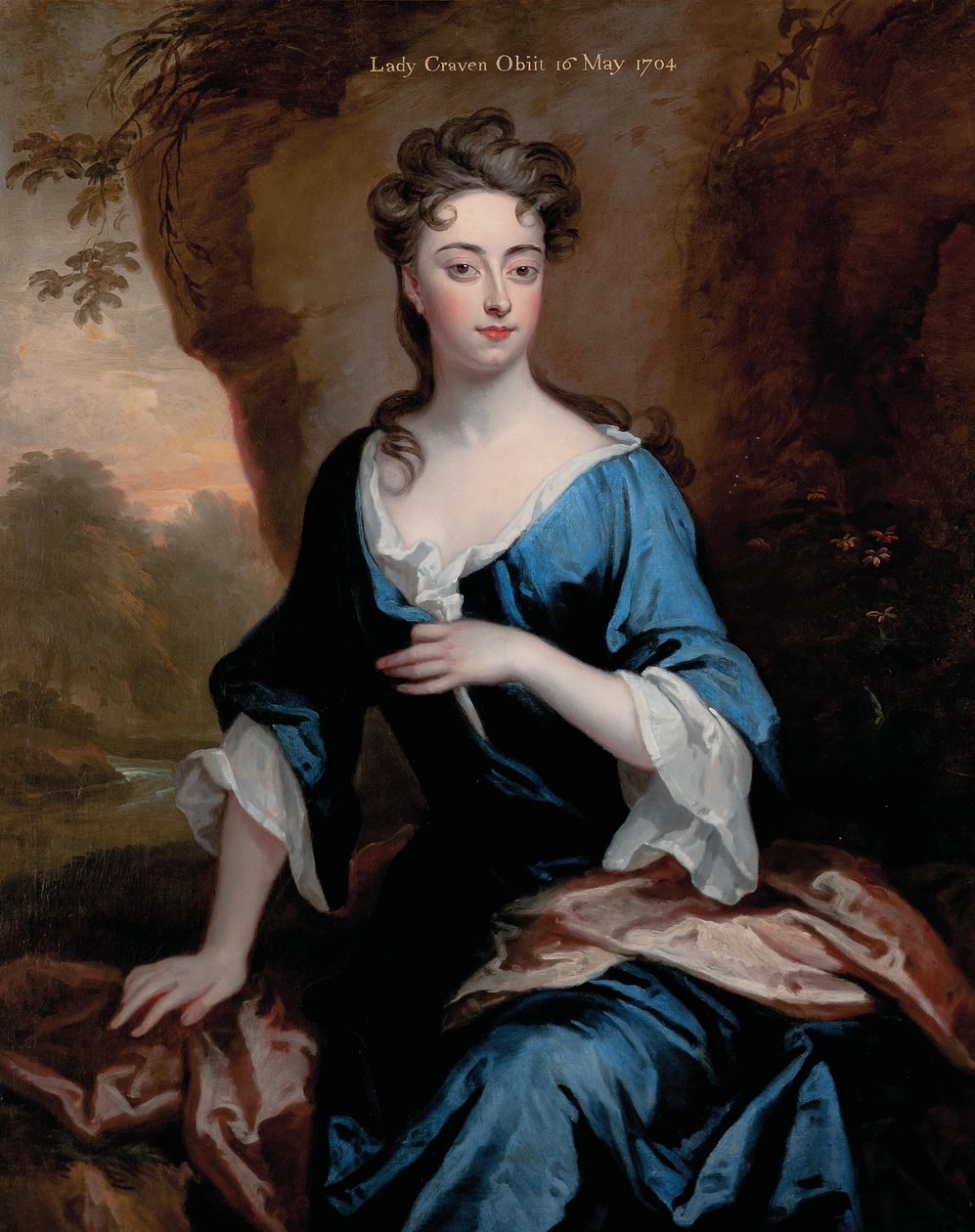 Portrett av Elizabeth Skipwith, Lady Craven, trekvartlangt, i en blå kjole og rødt sjal, et skogkledd elvelandskap bortenfor, 1704 av Godfrey Kneller