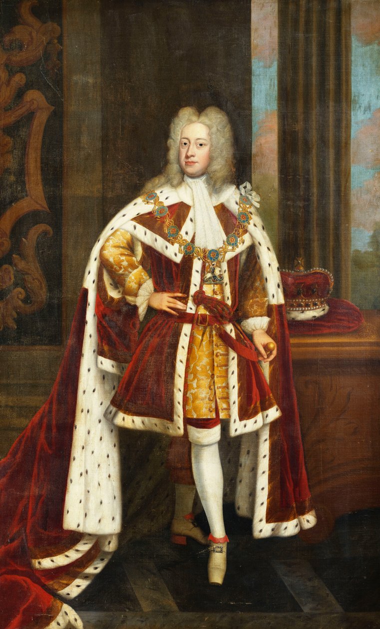 Portrett av kong George II når prinsen av Wales, i full lengde, iført statskapper og krage av strømpebåndsordenen, med sverdet i venstre hånd og kronen på et bord ved siden av ham, i et interiør, av Godfrey Kneller