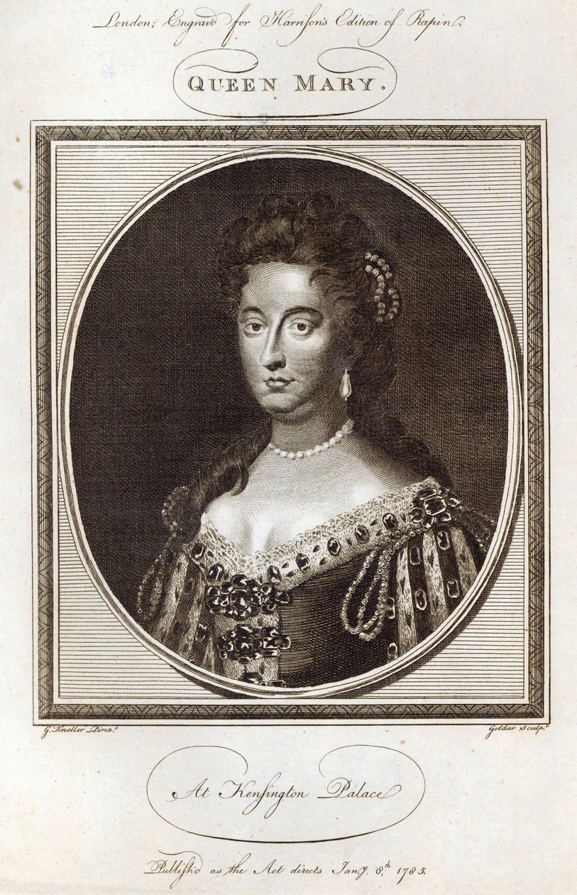 Queen Mary ved Kensington Palace, gravert for Harrisons Edition of Rapin, publisert 8. januar 1785 av Godfrey Kneller