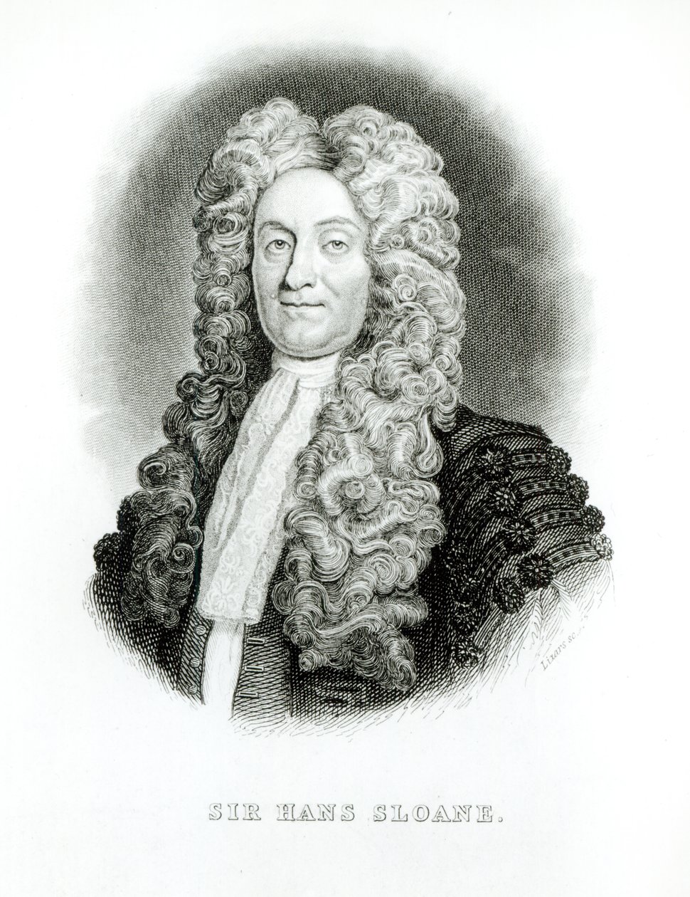 Sir Hans Sloane (1660-1753) gravert av William Home Lizars (1788-1859) for Sloanes memoarer i Jardine