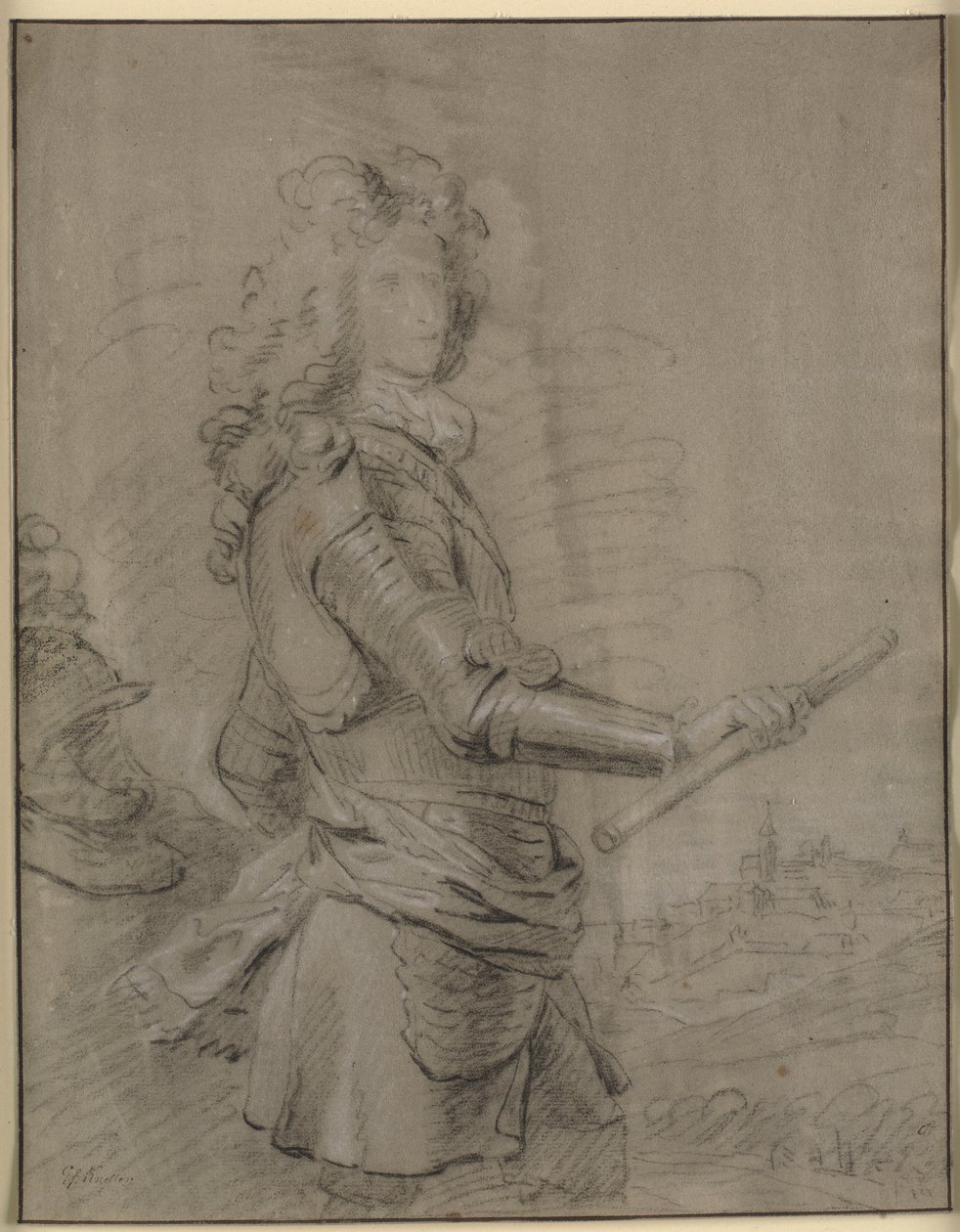 Trekvart portrett av en kommandant i rustning og med en stav i høyre hånd. I bakgrunnen et landskap med en by av Godfrey Kneller