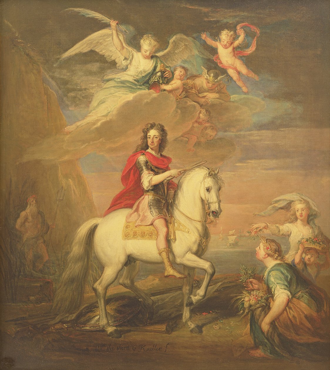 William III på en grå lader observert av Neptun, Ceres og Flora. Merkur på himmelen og Astrea av Godfrey Kneller