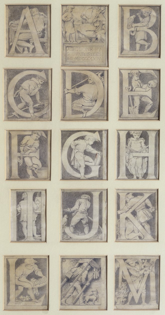 A-M, design for tretten bokstaver for alfabetet for South Kensington Museum, 1864 (blyant og grå vask) av Godfrey Sykes