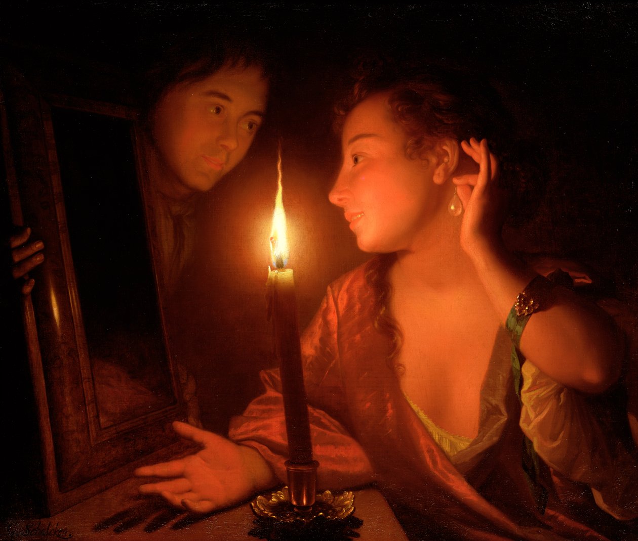 En dame som beundrer en øredobb ved levende lys av Godfried Schalcken