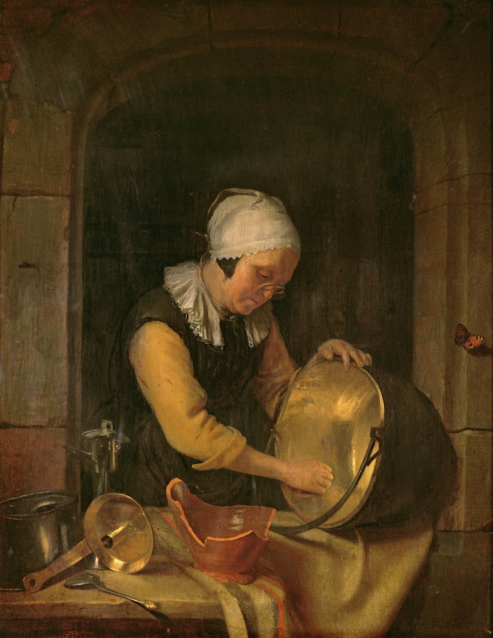 En gammel kvinne som skurer en gryte, ca. 1660 (olje på eik) av Godfried Schalcken