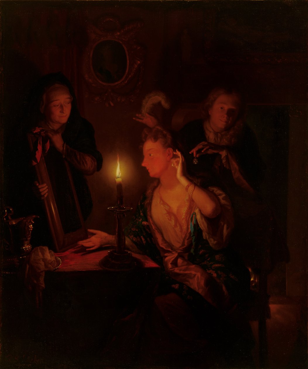 Lady at a Mirror av Candlelight av Godfried Schalcken