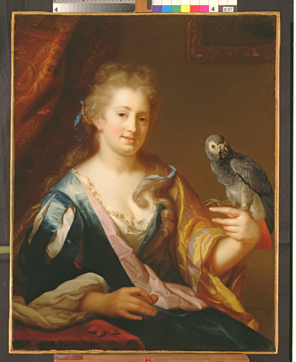 Portrett av en dame som mater en papegøye av Godfried Schalcken