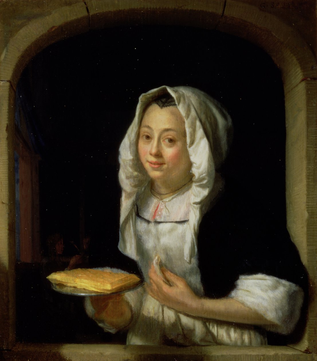 Portrett av en hushjelp som holder en vaffel (panel) av Godfried Schalcken