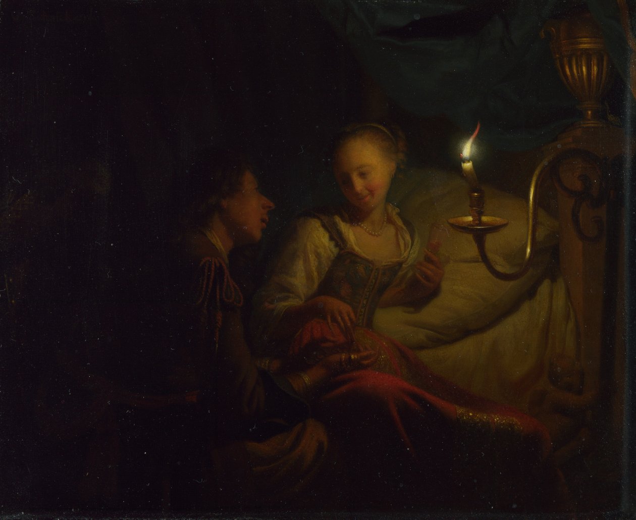 En scene med levende lys. En mann som tilbyr en gullkjede og mynter til en jente som sitter på en seng, ca. 1665-1667 av Godfried Cornelisz Schalcken