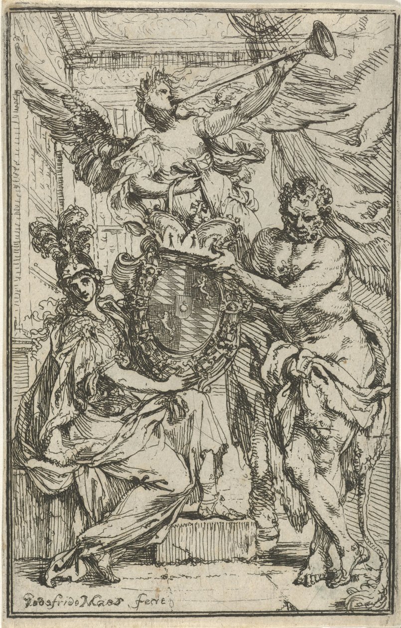 Minerva, Hercules og Fame med våpenskjold av Godfried Maes