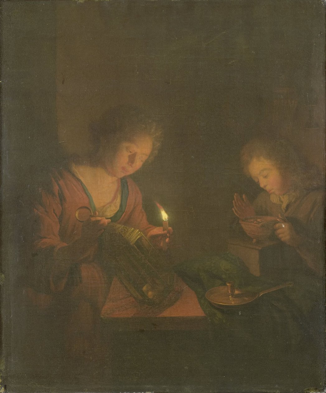 Ild og lys (En jente setter et stearinlys i en lykt og en gutt blåser på kullene i en gnagskål) av Godfried Schalcken (attributed to)