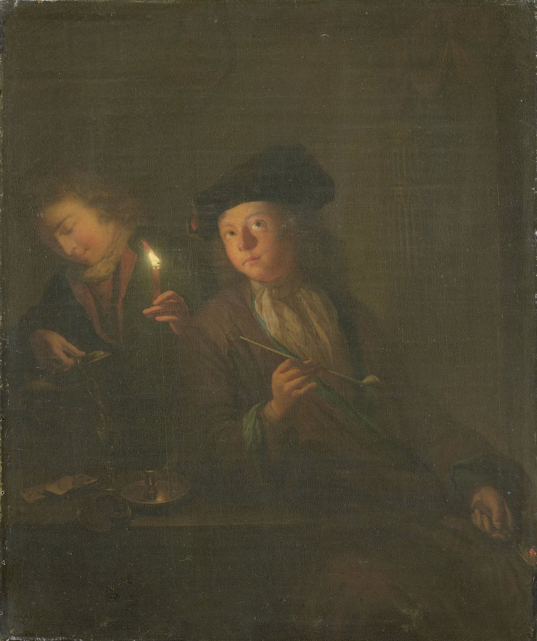 The Smoker (En mann med en pipe og en mann som skjenker en drikke i et glass) av Godfried Schalcken (attributed to)