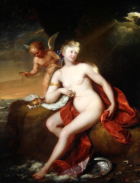 Nyfødt Venus tatt vare på av Cupid (olje på lerret) av Godfried Schalcken