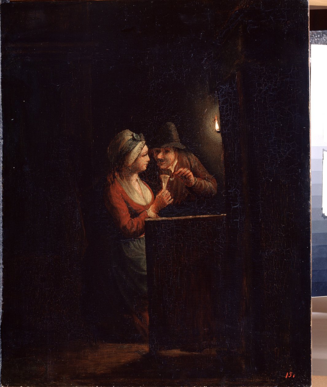 En mann og en kvinne ved levende lys. Maleri av Godfried Cornelisz Schalcken (1643-1706). Olje på lerret, 31 x 25 cm. Nederlandsk kunst, barokkkunst. State Open Air Museum Palace Gatchina, St. Petersburg. av Godfried Schalcken