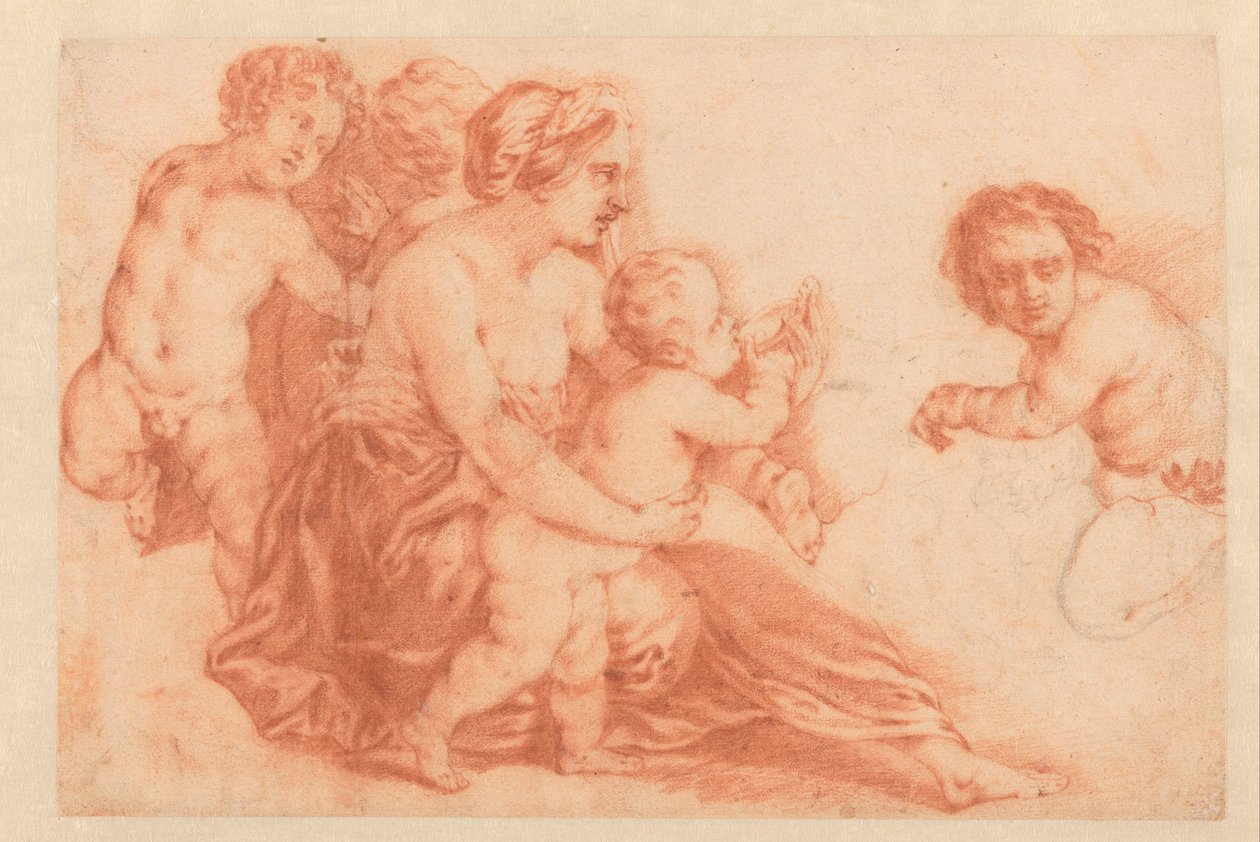 Kvinne med flere barn Kunstbok eller studiealbum av Caspar Netscher (serietittel) av Godfried Schalcken