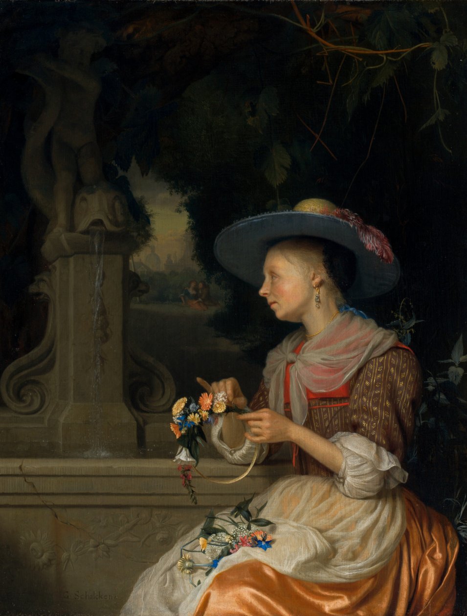 Kvinne som vever en krone av blomster, ca. 16751680. av Godfried Schalcken