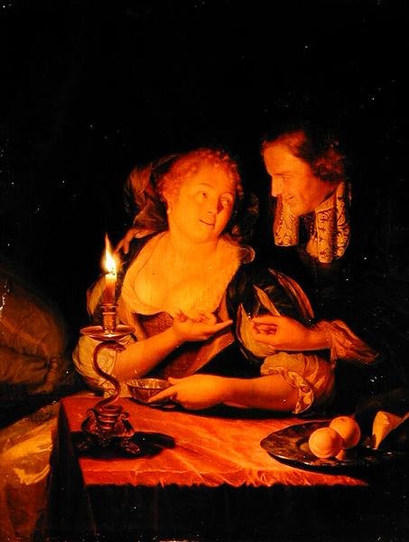 En gentleman som tilbyr en dame en ring (olje på panel) av Godfried Schalcken