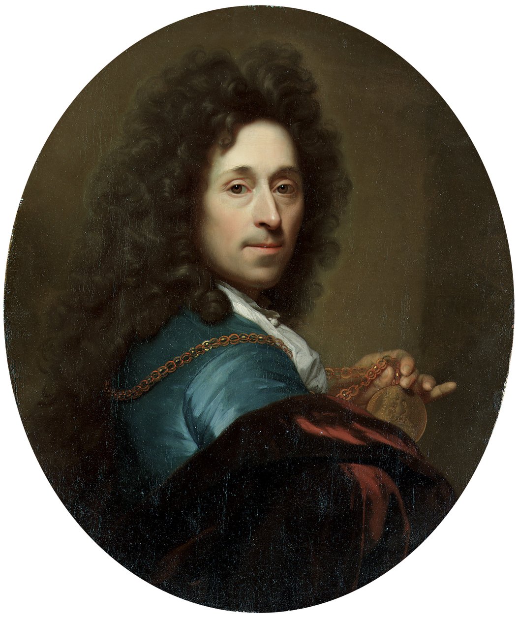 Portrett av kunstneren i en blå frakk og brun fløyelskappe, med en medaljong av kurfyrsten Pfalz, Johann Wilhelm av Godfried Schalcken