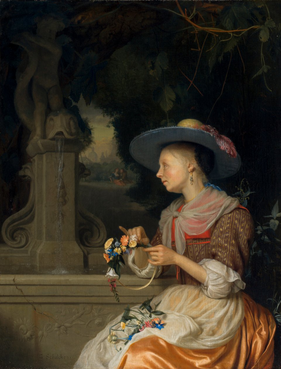 Kvinne som vever en krone av blomster, ca. 1675-80 av Godfried Schalcken