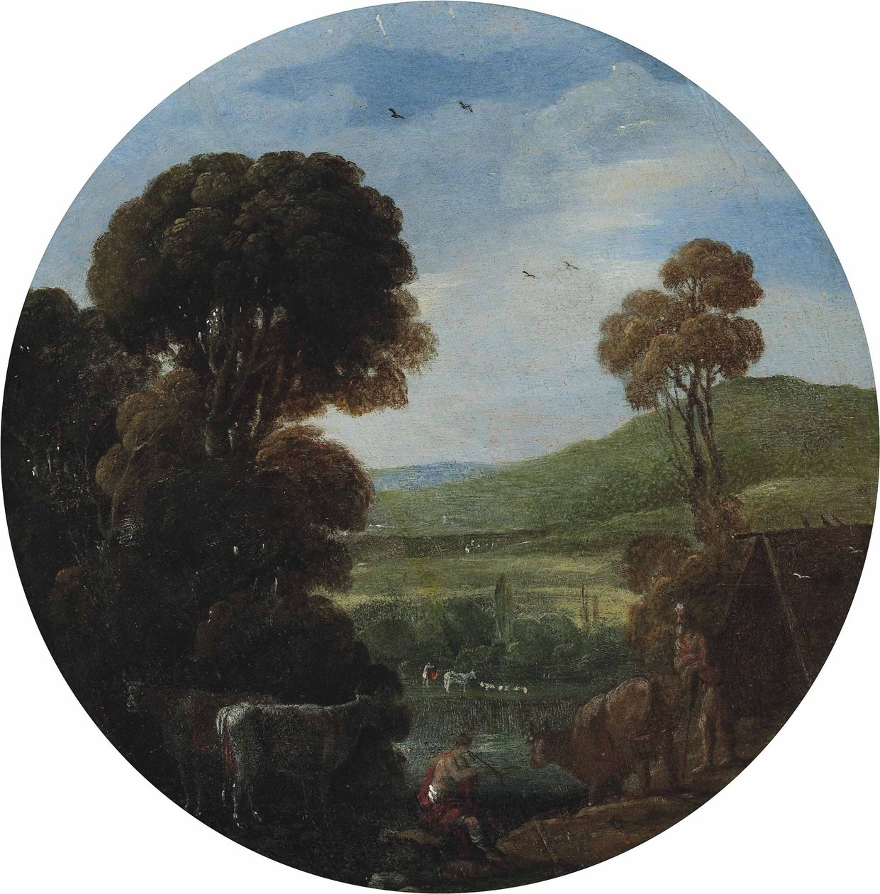 Et skogkledd elvelandskap med drovere og storfeet deres av Goffredo Wals