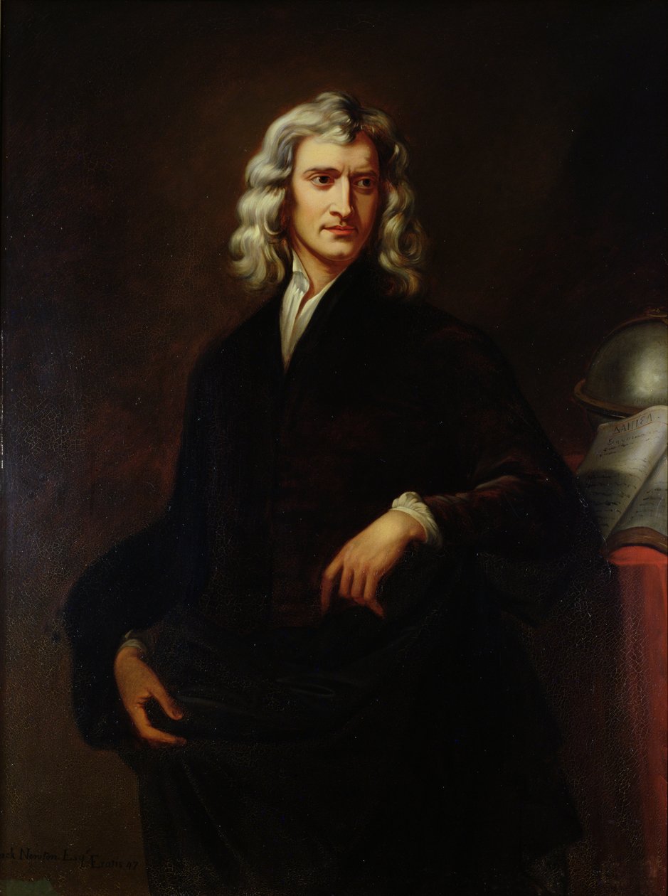 Portrett av Sir Isaac Newton (1642-1727) etter et originalt maleri av Sir Godfrey Kneller (1646-1723) 1847 av Goldschmit